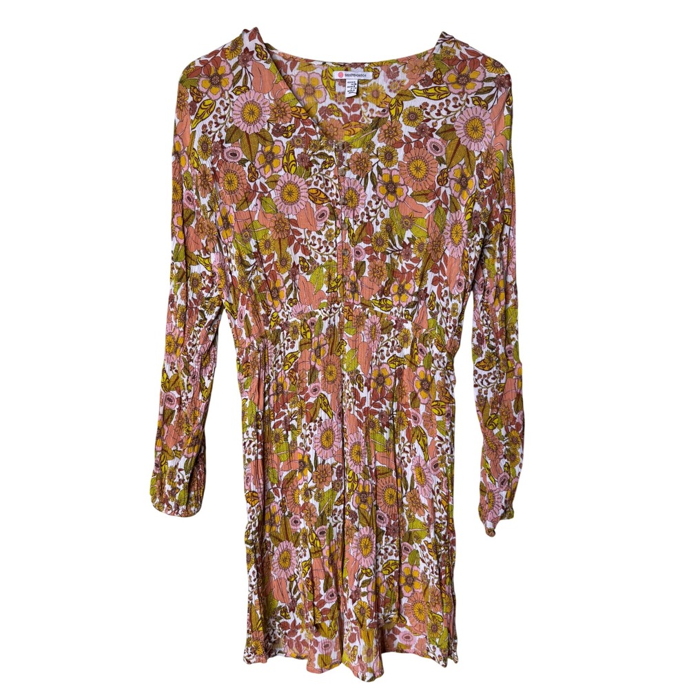 Retro 70s Boho Floral Mini Dress Smocked Waist Cottagecore Small - Picture 2 of 10